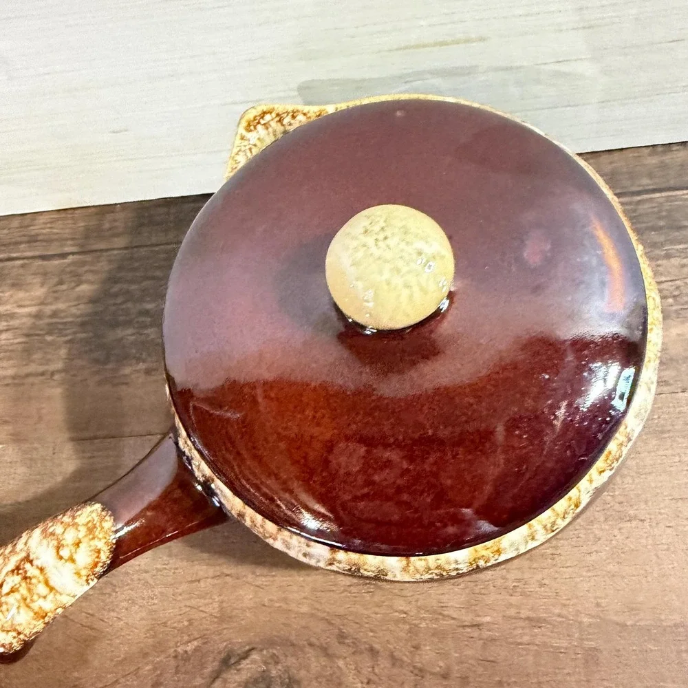 Set of 3 Vintage 70s Brown Drip Glaze French Onion Soup Crocks with Lids